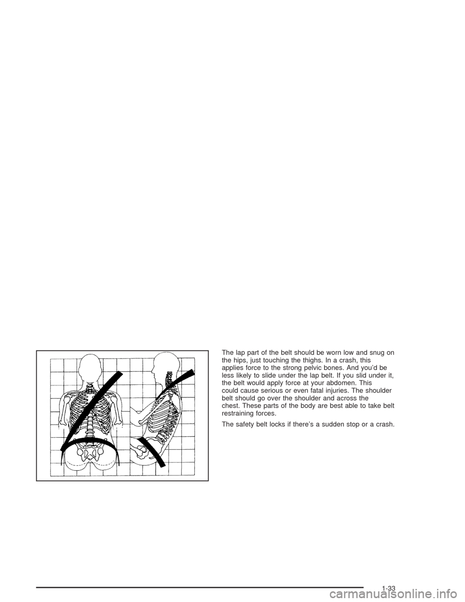 CHEVROLET TAHOE 2004 2.G Owners Guide The lap part of the belt should be worn low and snug on
the hips, just touching the thighs. In a crash, this
applies force to the strong pelvic bones. And you’d be
less likely to slide under the lap