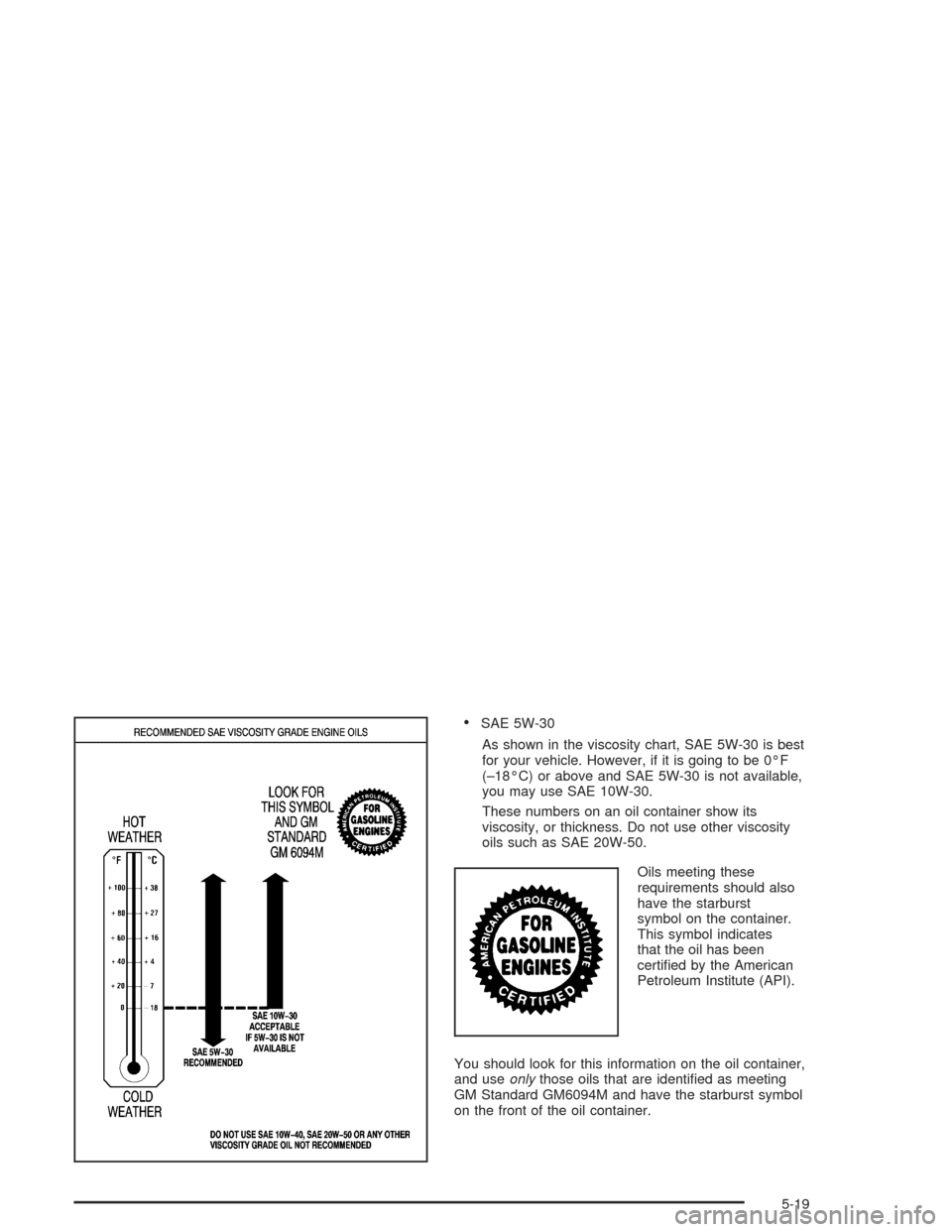 CHEVROLET TAHOE 2004 2.G Owners Manual SAE 5W-30
As shown in the viscosity chart, SAE 5W-30 is best
for your vehicle. However, if it is going to be 0°F
(–18°C) or above and SAE 5W-30 is not available,
you may use SAE 10W-30.
These num