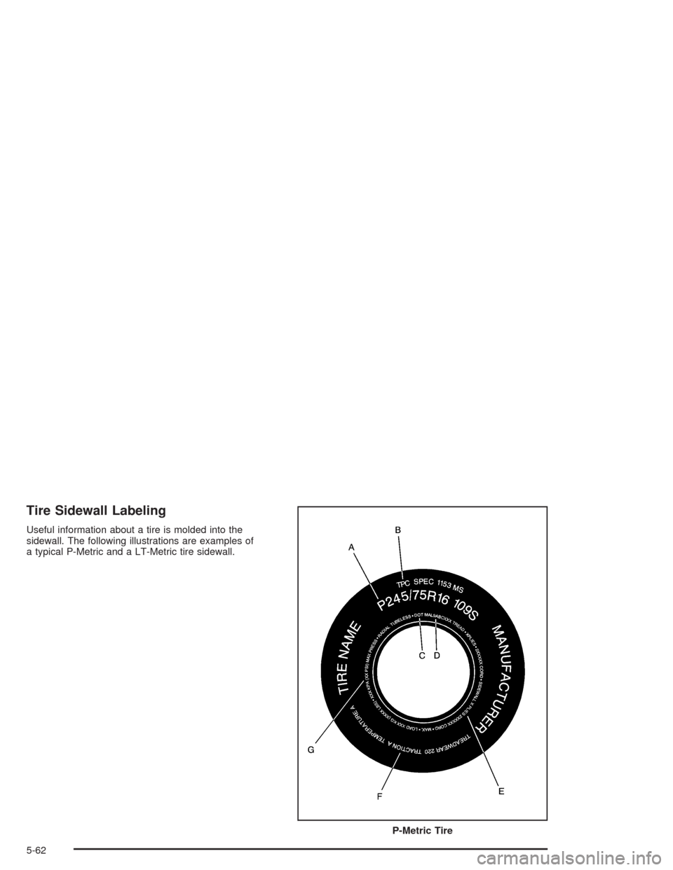 CHEVROLET TAHOE 2004 2.G Owners Manual Tire Sidewall Labeling
Useful information about a tire is molded into the
sidewall. The following illustrations are examples of
a typical P-Metric and a LT-Metric tire sidewall.
P-Metric Tire
5-62 