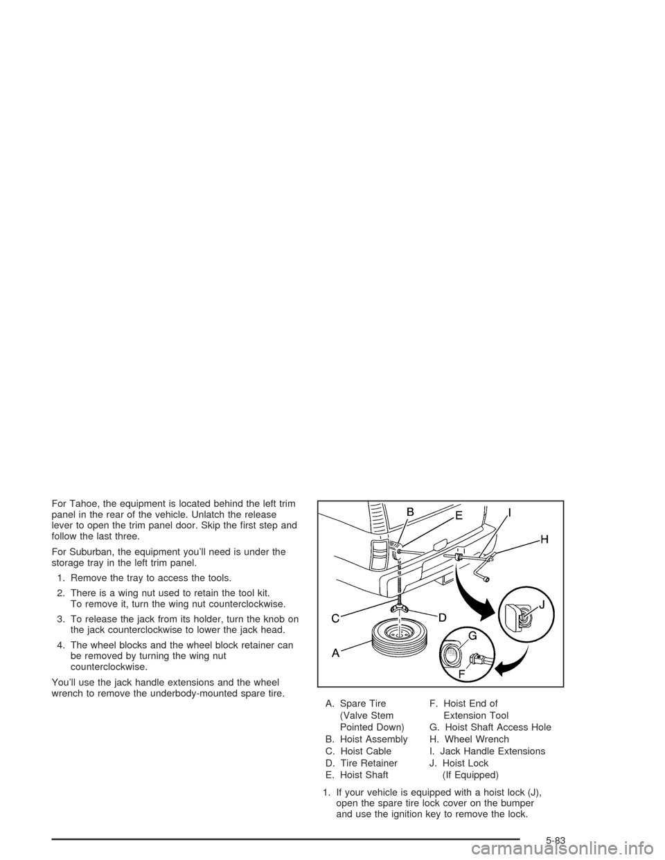 CHEVROLET TAHOE 2004 2.G Owners Guide For Tahoe, the equipment is located behind the left trim
panel in the rear of the vehicle. Unlatch the release
lever to open the trim panel door. Skip the �rst step and
follow the last three.
For Subu