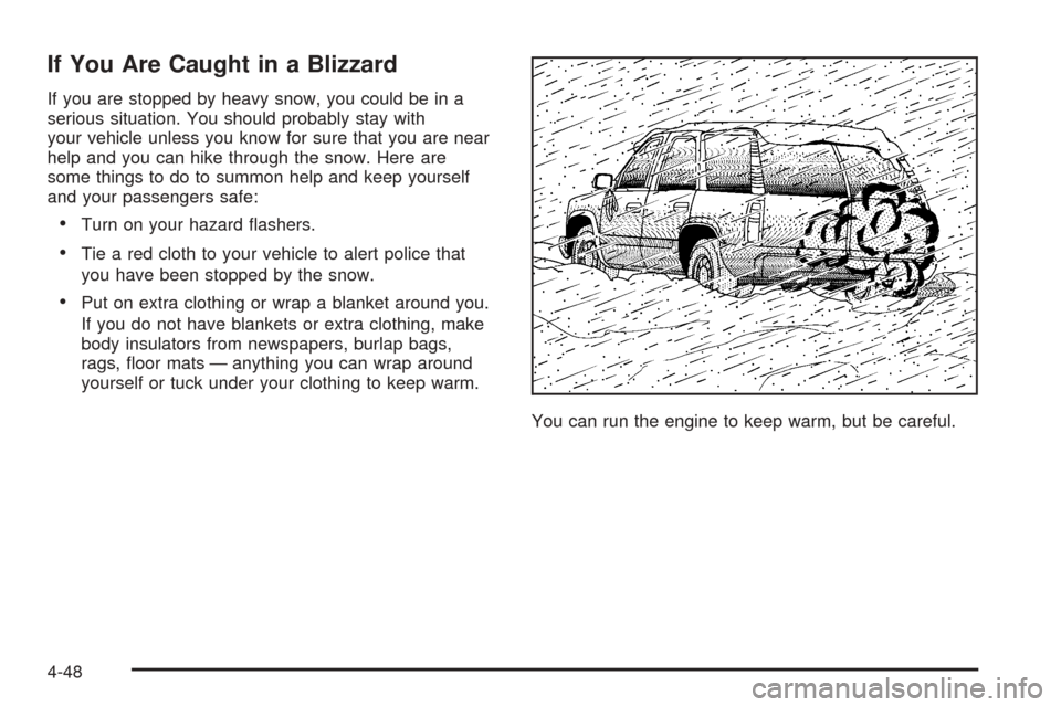 CHEVROLET TAHOE 2005 2.G Owners Manual If You Are Caught in a Blizzard
If you are stopped by heavy snow, you could be in a
serious situation. You should probably stay with
your vehicle unless you know for sure that you are near
help and yo