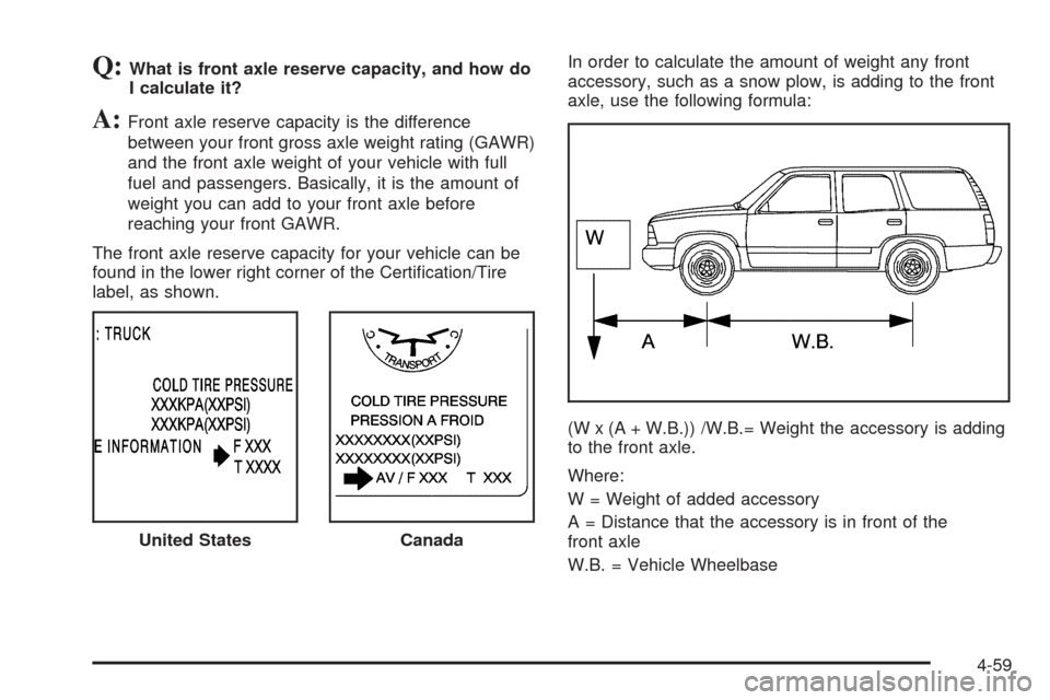 CHEVROLET TAHOE 2005 2.G Owners Manual Q:What is front axle reserve capacity, and how do
I calculate it?
A:Front axle reserve capacity is the difference
between your front gross axle weight rating (GAWR)
and the front axle weight of your v