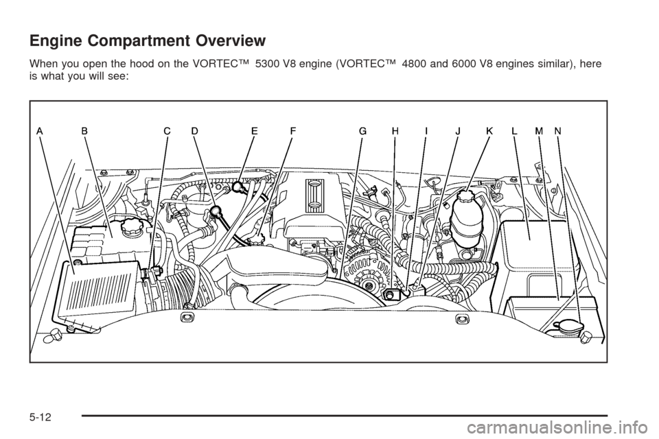 CHEVROLET TAHOE 2005 2.G Owners Manual Engine Compartment Overview
When you open the hood on the VORTEC™ 5300 V8 engine (VORTEC™ 4800 and 6000 V8 engines similar), here
is what you will see:
5-12 