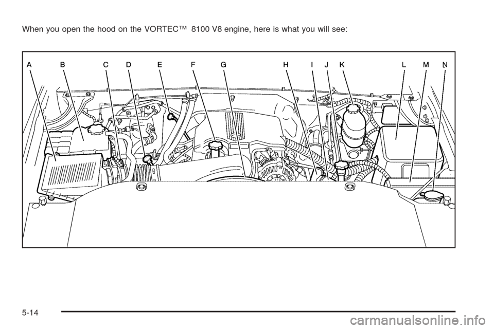 CHEVROLET TAHOE 2005 2.G Owners Manual When you open the hood on the VORTEC™ 8100 V8 engine, here is what you will see:
5-14 