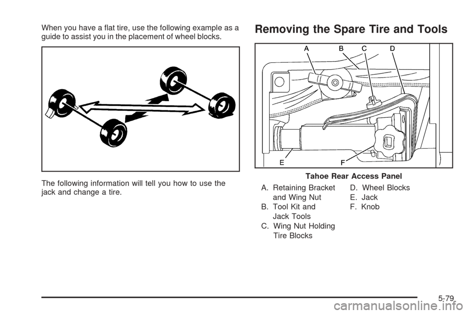 CHEVROLET TAHOE 2005 2.G Owners Manual When you have a �at tire, use the following example as a
guide to assist you in the placement of wheel blocks.
The following information will tell you how to use the
jack and change a tire.Removing th