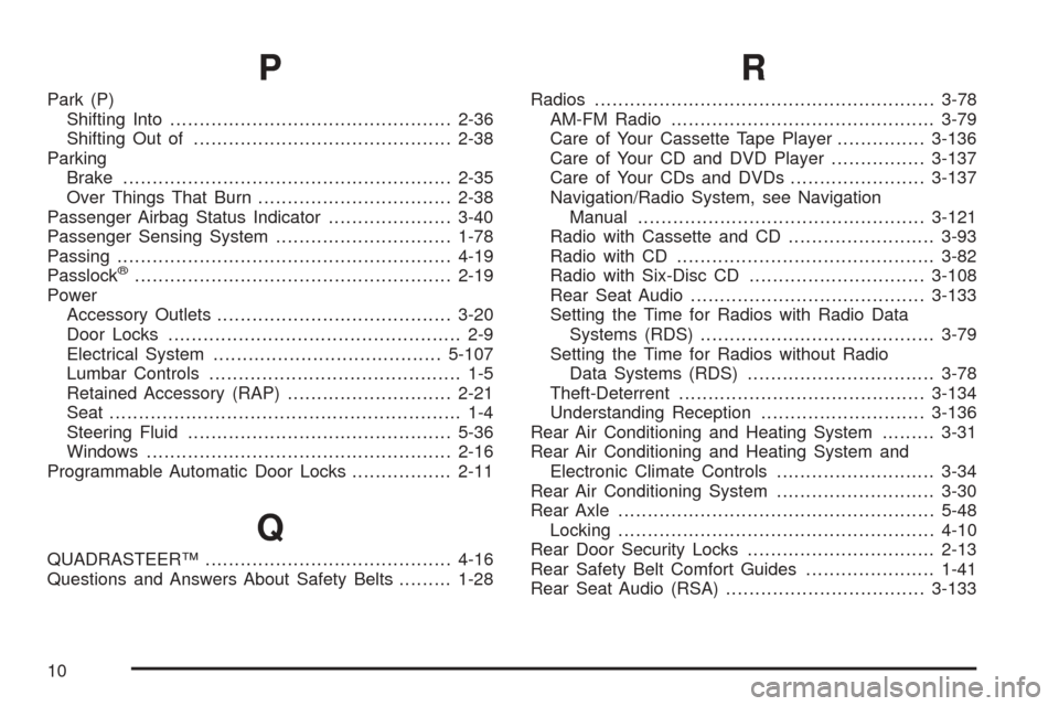 CHEVROLET TAHOE 2005 2.G Owners Manual P
Park (P)
Shifting Into................................................2-36
Shifting Out of............................................2-38
Parking
Brake..............................................