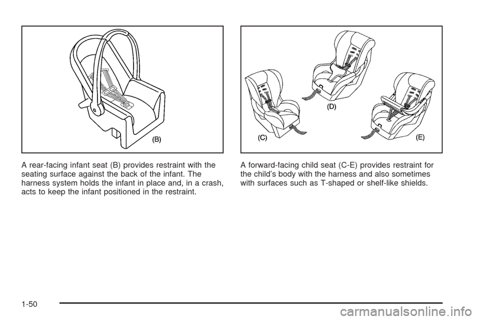 CHEVROLET TAHOE 2005 2.G Workshop Manual A rear-facing infant seat (B) provides restraint with the
seating surface against the back of the infant. The
harness system holds the infant in place and, in a crash,
acts to keep the infant position CHEVROLET TAHOE 2005 2.G Workshop Manual A rear-facing infant seat (B) provides restraint with the
seating surface against the back of the infant. The
harness system holds the infant in place and, in a crash,
acts to keep the infant position