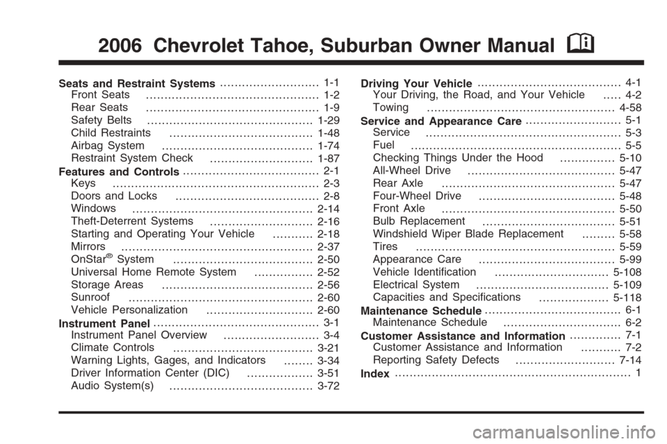 CHEVROLET TAHOE 2006 2.G Owners Manual Seats and Restraint Systems........................... 1-1
Front Seats
............................................... 1-2
Rear Seats
............................................... 1-9
Safety Belts
.