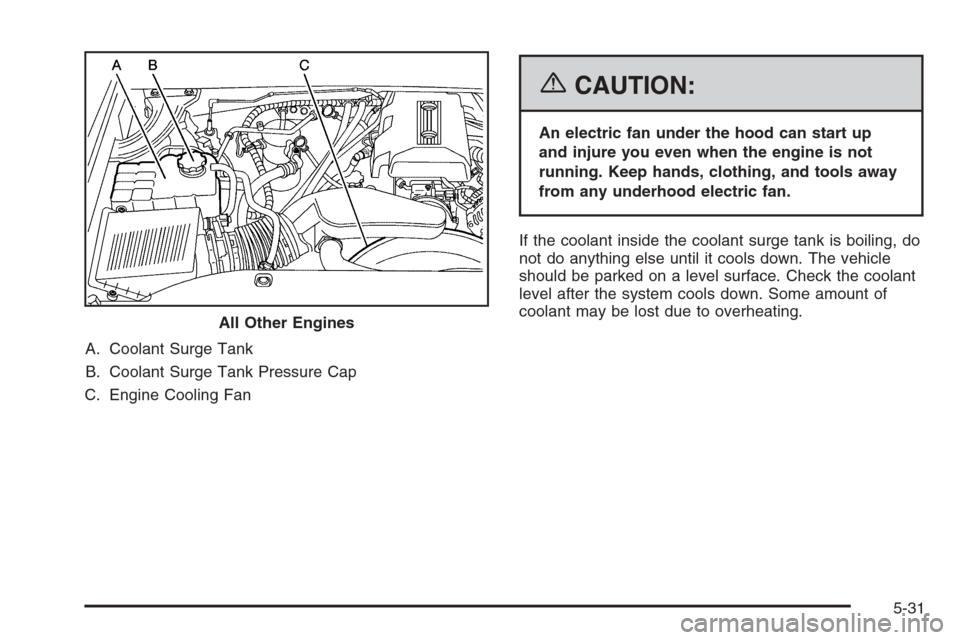 CHEVROLET TAHOE 2006 2.G Owners Manual A. Coolant Surge Tank
B. Coolant Surge Tank Pressure Cap
C. Engine Cooling Fan
{CAUTION:
An electric fan under the hood can start up
and injure you even when the engine is not
running. Keep hands, clo