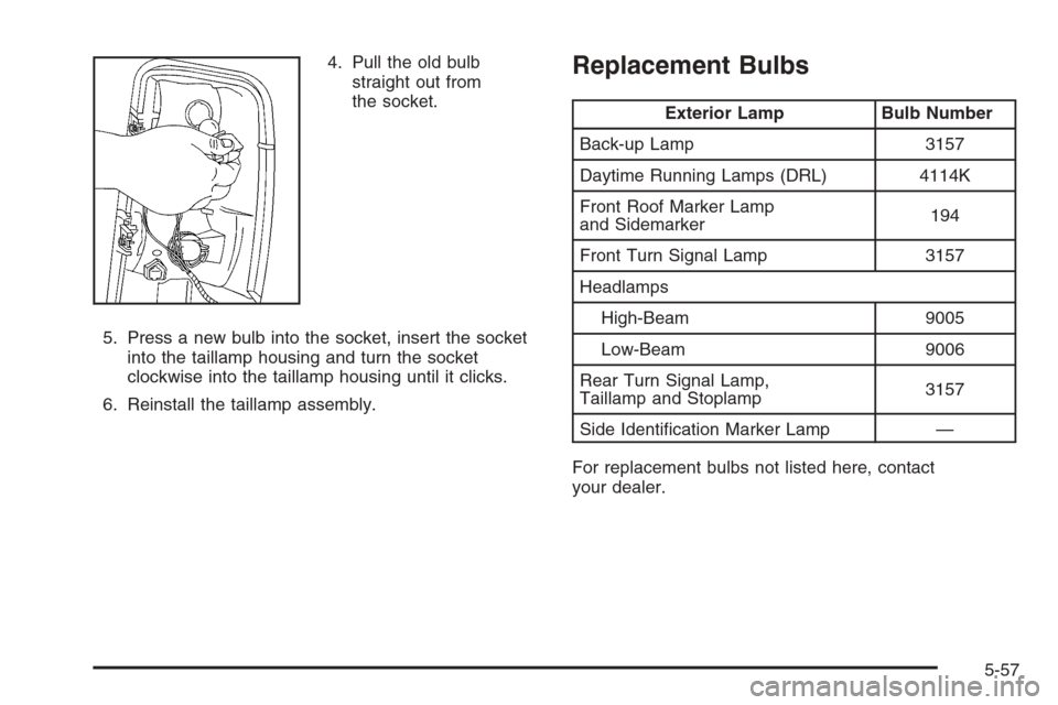 CHEVROLET TAHOE 2006 2.G Owners Manual 4. Pull the old bulb
straight out from
the socket.
5. Press a new bulb into the socket, insert the socket
into the taillamp housing and turn the socket
clockwise into the taillamp housing until it cli