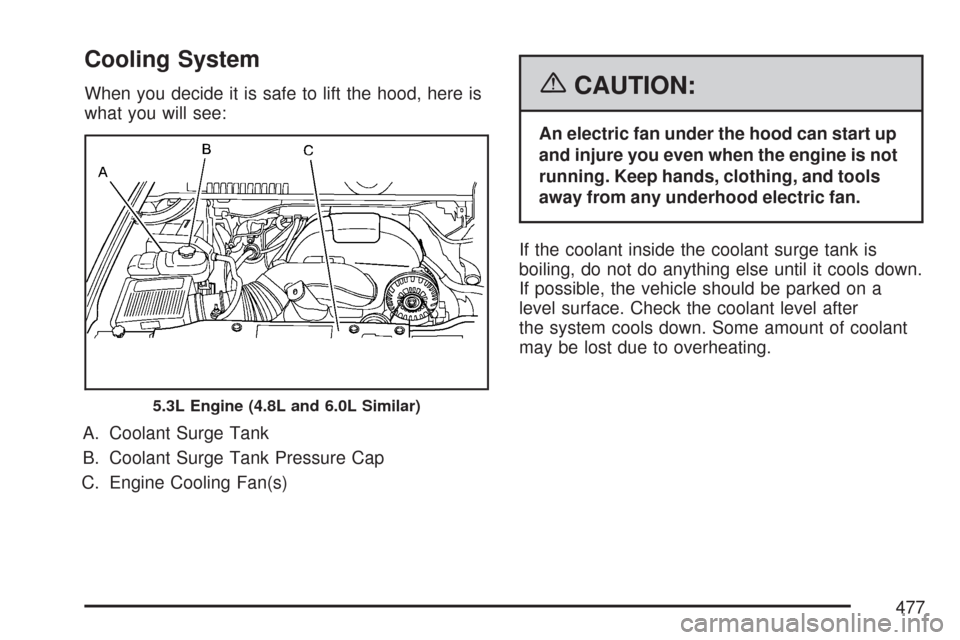 CHEVROLET TAHOE 2007 3.G Owners Manual Cooling System
When you decide it is safe to lift the hood, here is
what you will see:
A. Coolant Surge Tank
B. Coolant Surge Tank Pressure Cap
C. Engine Cooling Fan(s){CAUTION:
An electric fan under 