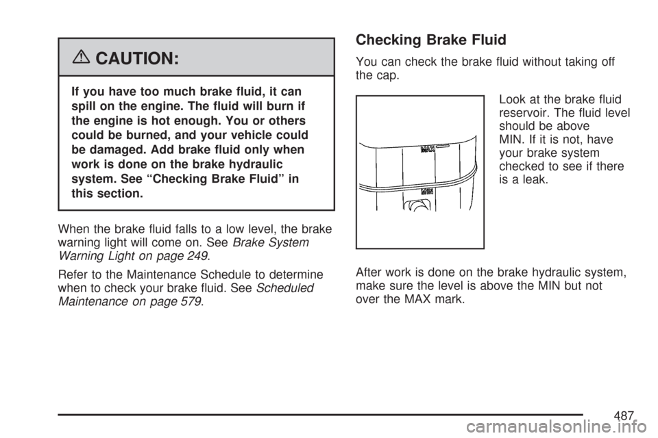 CHEVROLET TAHOE 2007 3.G Owners Manual {CAUTION:
If you have too much brake �uid, it can
spill on the engine. The �uid will burn if
the engine is hot enough. You or others
could be burned, and your vehicle could
be damaged. Add brake �uid 
