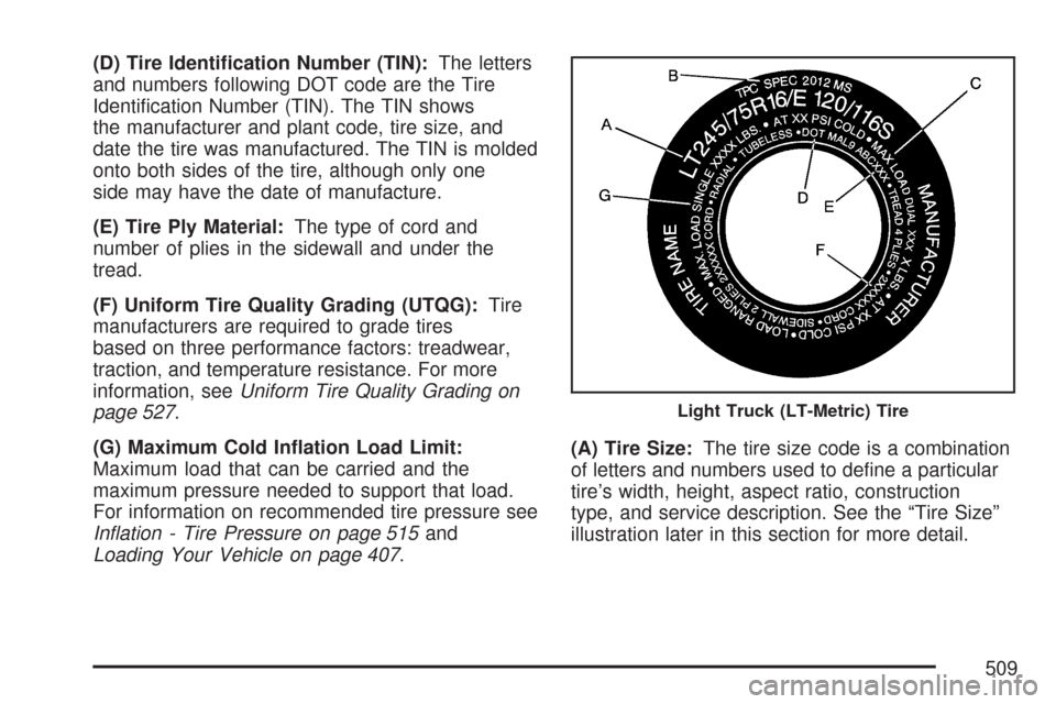 CHEVROLET TAHOE 2007 3.G Owners Manual (D) Tire Identi�cation Number (TIN):The letters
and numbers following DOT code are the Tire
Identi�cation Number (TIN). The TIN shows
the manufacturer and plant code, tire size, and
date the tire was 