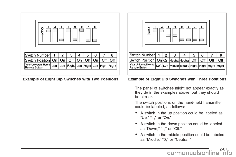 CHEVROLET TAHOE 2008 3.G Owners Manual The panel of switches might not appear exactly as
they do in the examples above, but they should
be similar.
The switch positions on the hand-held transmitter
could be labeled, as follows:
A switch i