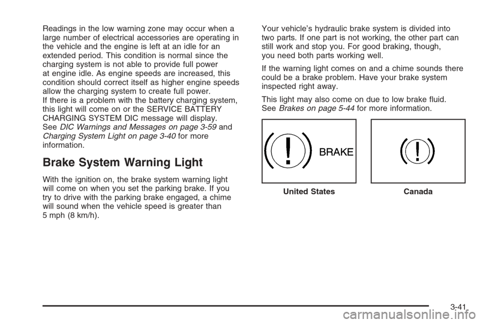 CHEVROLET TAHOE 2008 3.G Owners Manual Readings in the low warning zone may occur when a
large number of electrical accessories are operating in
the vehicle and the engine is left at an idle for an
extended period. This condition is normal