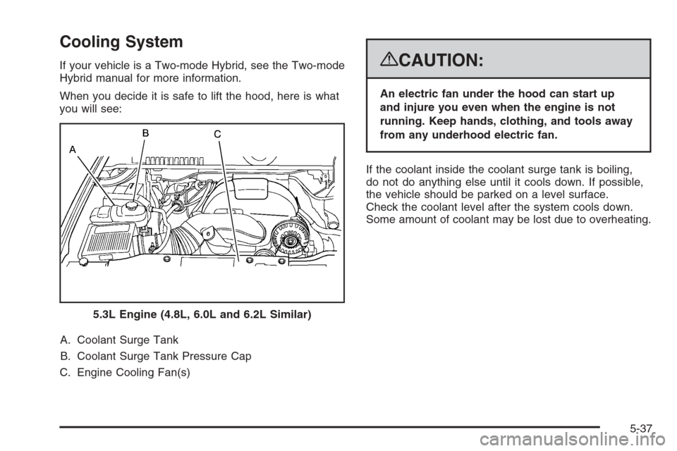 CHEVROLET TAHOE 2008 3.G Owners Manual Cooling System
If your vehicle is a Two-mode Hybrid, see the Two-mode
Hybrid manual for more information.
When you decide it is safe to lift the hood, here is what
you will see:
A. Coolant Surge Tank
