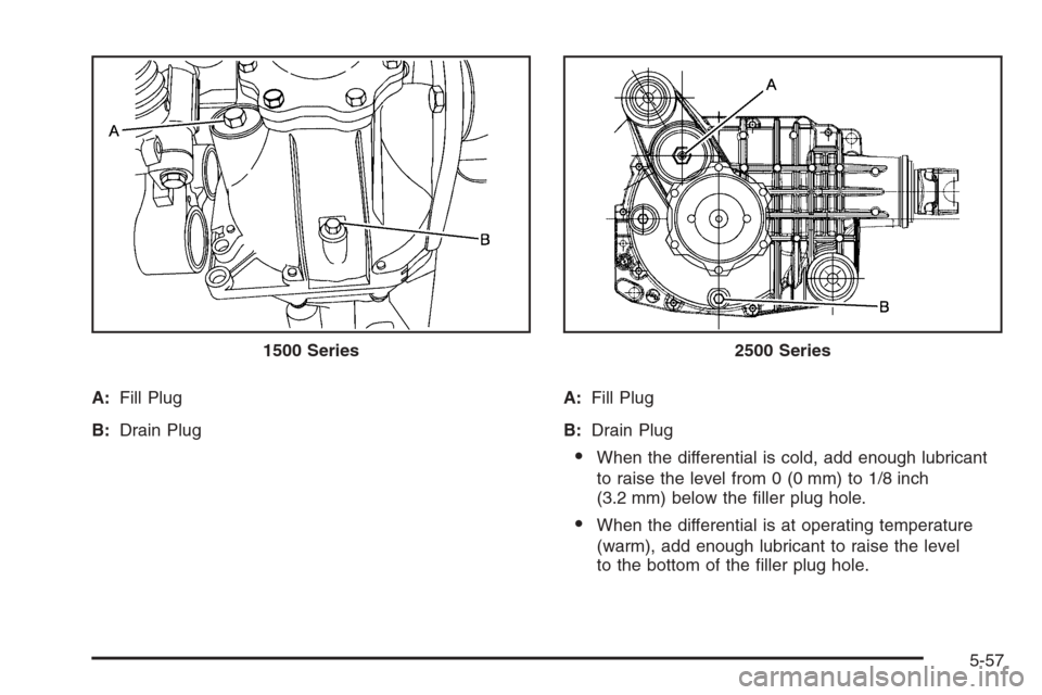 CHEVROLET TAHOE 2008 3.G Owners Manual A:Fill Plug
B:Drain PlugA:Fill Plug
B:Drain Plug
When the differential is cold, add enough lubricant
to raise the level from 0 (0 mm) to 1/8 inch
(3.2 mm) below the �ller plug hole.
When the differe
