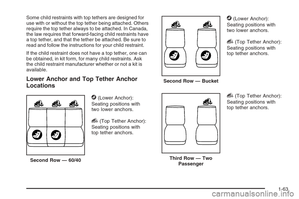CHEVROLET TAHOE 2008 3.G Repair Manual Some child restraints with top tethers are designed for
use with or without the top tether being attached. Others
require the top tether always to be attached. In Canada,
the law requires that forward