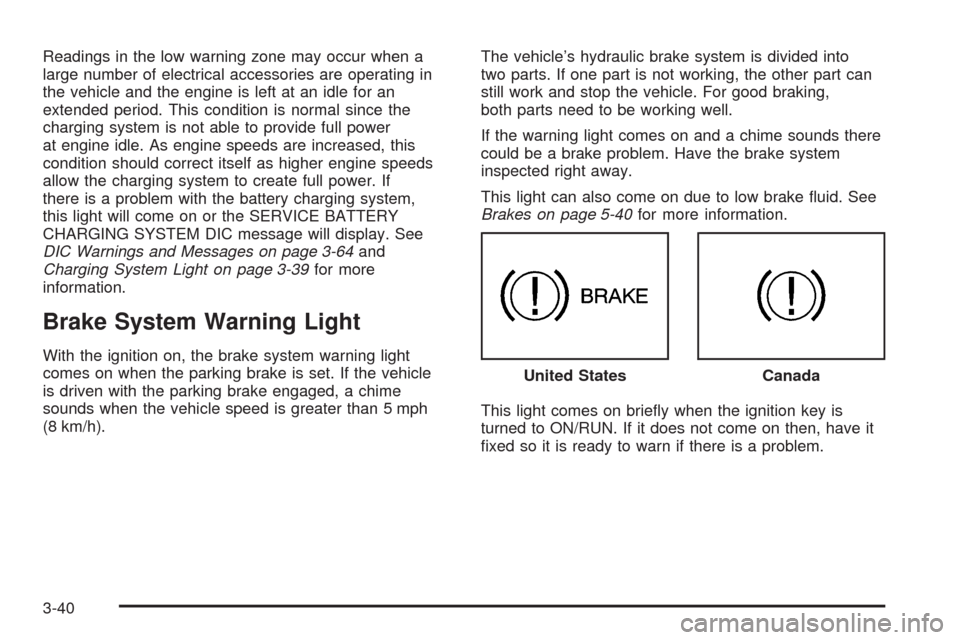 CHEVROLET TAHOE 2009 3.G Owners Manual Readings in the low warning zone may occur when a
large number of electrical accessories are operating in
the vehicle and the engine is left at an idle for an
extended period. This condition is normal