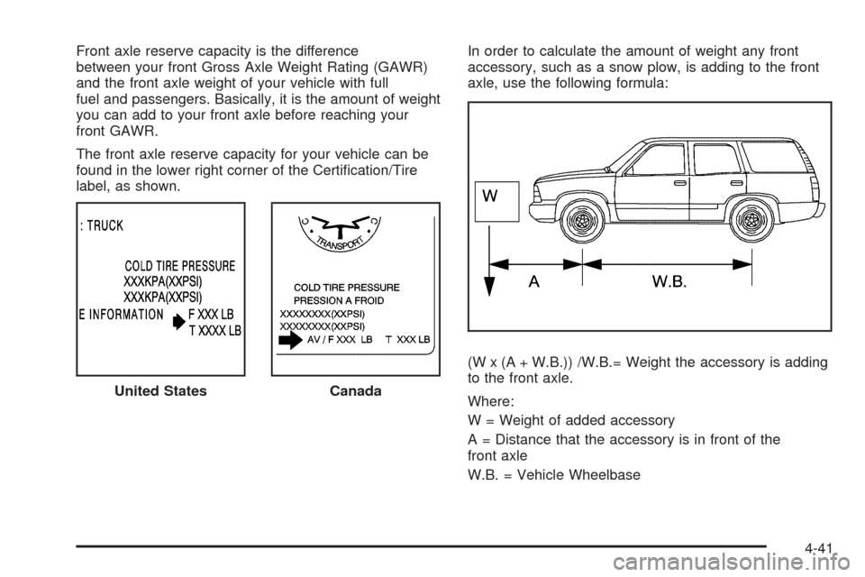CHEVROLET TAHOE 2009 3.G Owners Manual Front axle reserve capacity is the difference
between your front Gross Axle Weight Rating (GAWR)
and the front axle weight of your vehicle with full
fuel and passengers. Basically, it is the amount of