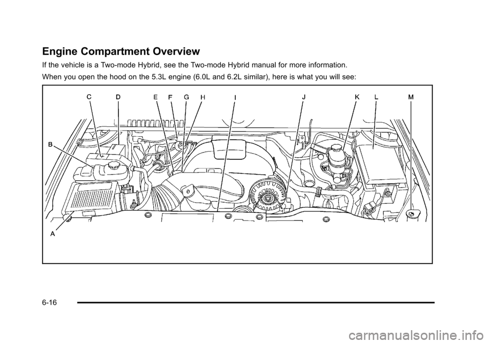 CHEVROLET TAHOE 2010 3.G Owners Manual Engine Compartment Overview
If the vehicle is a Two-mode Hybrid, see the Two-mode Hybrid manual for more information.
When you open the hood on the 5.3L engine (6.0L and 6.2L similar), here is what yo CHEVROLET TAHOE 2010 3.G Owners Manual Engine Compartment Overview
If the vehicle is a Two-mode Hybrid, see the Two-mode Hybrid manual for more information.
When you open the hood on the 5.3L engine (6.0L and 6.2L similar), here is what yo