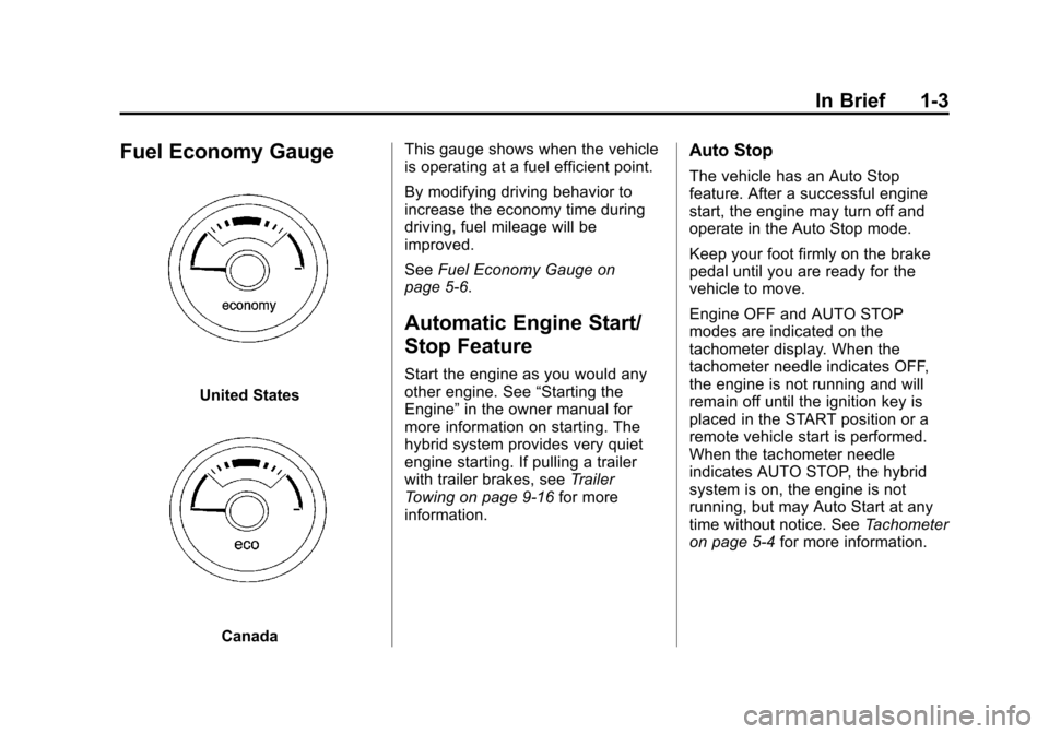 CHEVROLET TAHOE 2011 3.G Owners Manual Black plate (3,1)Chevrolet Tahoe and GMC Yukon/Yukon Denali Hybrid - 2011
In Brief 1-3
Fuel Economy Gauge
United States
CanadaThis gauge shows when the vehicle
is operating at a fuel efficient point.
CHEVROLET TAHOE 2011 3.G Owners Manual Black plate (3,1)Chevrolet Tahoe and GMC Yukon/Yukon Denali Hybrid - 2011
In Brief 1-3
Fuel Economy Gauge
United States
CanadaThis gauge shows when the vehicle
is operating at a fuel efficient point.