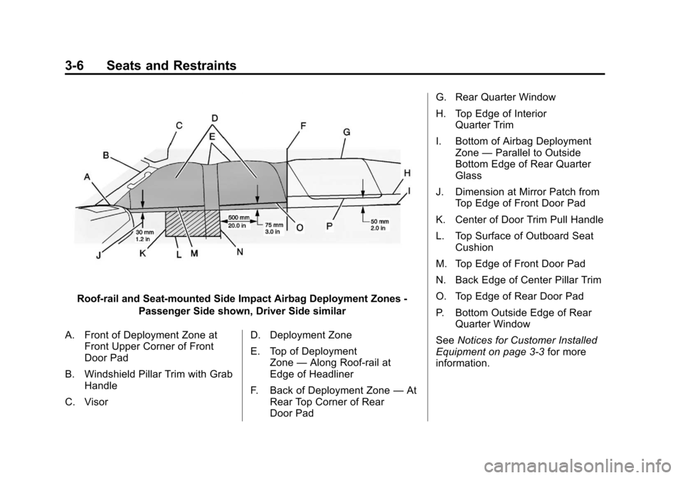 CHEVROLET TAHOE 2012 3.G Owners Manual Black plate (6,1)Chevrolet Tahoe Police and Special Service Packages - 2012
3-6 Seats and Restraints
Roof-rail and Seat‐mounted Side Impact Airbag Deployment Zones -Passenger Side shown, Driver Side