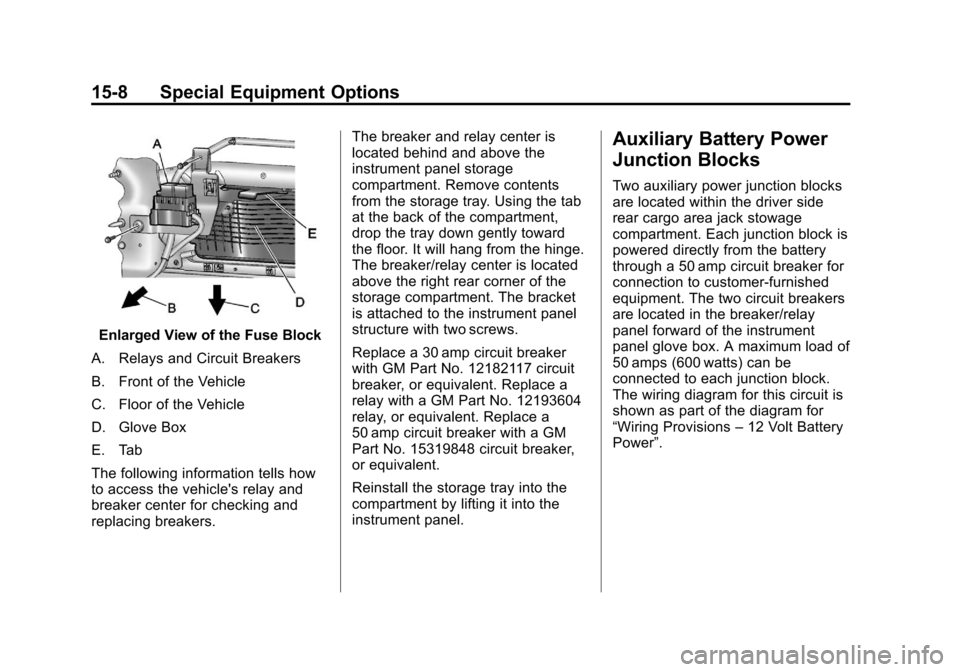 CHEVROLET TAHOE 2012 3.G Owners Manual Black plate (8,1)Chevrolet Tahoe Police and Special Service Packages - 2012
15-8 Special Equipment Options
Enlarged View of the Fuse Block
A. Relays and Circuit Breakers
B. Front of the Vehicle
C. Flo