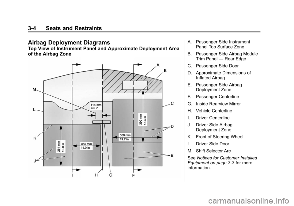 CHEVROLET TAHOE 2012 3.G Owners Manual Black plate (4,1)Chevrolet Tahoe Police and Special Service Packages - 2012
3-4 Seats and Restraints
Airbag Deployment Diagrams
Top View of Instrument Panel and Approximate Deployment Area
of the Airb