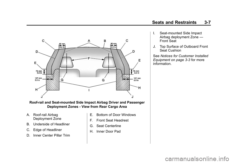 CHEVROLET TAHOE 2013 3.G User Guide Black plate (7,1)Chevrolet Tahoe Police and Special Service Packages - 2013 - CRC - 3/30/12
Seats and Restraints 3-7
Roof-rail and Seat-mounted Side Impact Airbag Driver and PassengerDeployment Zones 