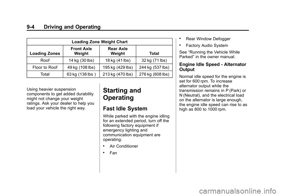 CHEVROLET TAHOE 2013 3.G Owners Manual Black plate (4,1)Chevrolet Tahoe Police and Special Service Packages - 2013 - CRC - 3/30/12
9-4 Driving and Operating
Loading Zone Weight Chart
Loading Zones Front Axle
Weight Rear Axle
Weight Total
R