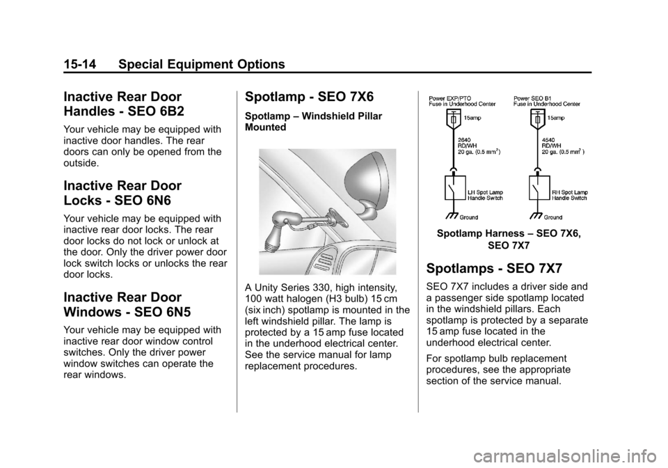 CHEVROLET TAHOE 2013 3.G Service Manual Black plate (14,1)Chevrolet Tahoe Police and Special Service Packages - 2013 - CRC - 3/30/12
15-14 Special Equipment Options
Inactive Rear Door
Handles - SEO 6B2
Your vehicle may be equipped with
inac
