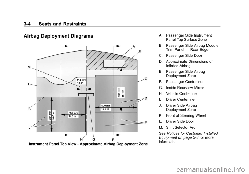 CHEVROLET TAHOE 2013 3.G Owners Manual Black plate (4,1)Chevrolet Tahoe Police and Special Service Packages - 2013 - CRC - 3/30/12
3-4 Seats and Restraints
Airbag Deployment Diagrams
Instrument Panel Top View–Approximate Airbag Deploymen