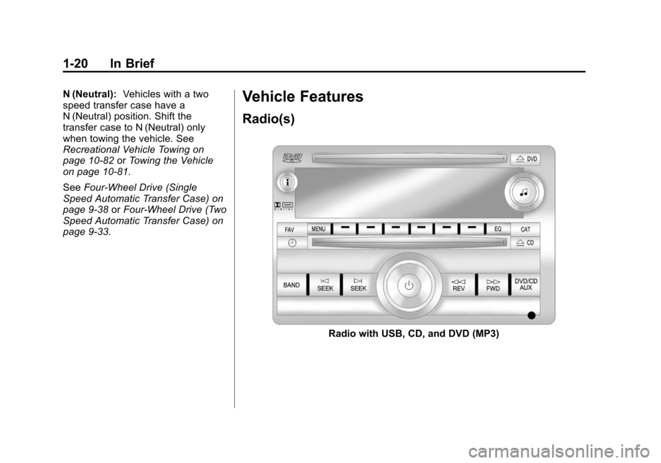 CHEVROLET TAHOE 2014 3.G Owners Manual (20,1)Chevrolet Tahoe/Suburban Owner Manual (GMNA-Localizing-U.S./Canada/
Mexico-6081502) - 2014 - crc2 - 9/17/13
1-20 In Brief
N (Neutral):Vehicles with a two
speed transfer case have a
N (Neutral) p