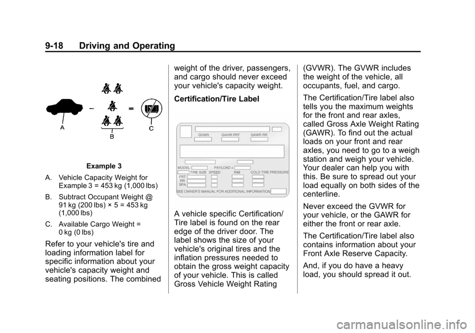 CHEVROLET TAHOE 2014 3.G Owners Manual (18,1)Chevrolet Tahoe/Suburban Owner Manual (GMNA-Localizing-U.S./Canada/
Mexico-6081502) - 2014 - crc2 - 9/17/13
9-18 Driving and Operating
Example 3
A. Vehicle Capacity Weight for Example 3 = 453 kg