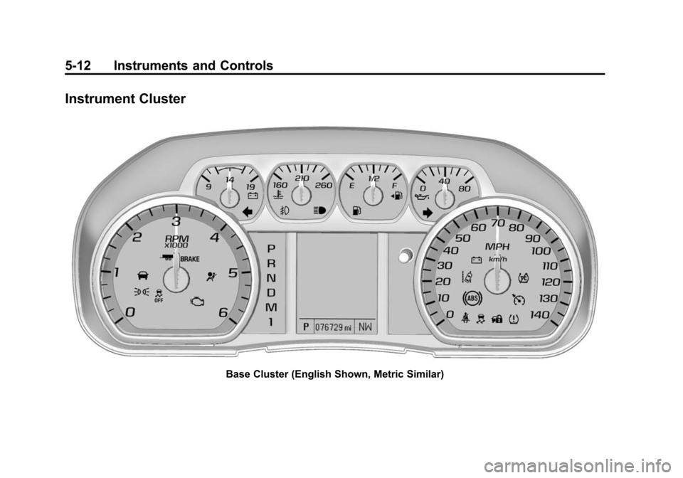 CHEVROLET TAHOE 2015 4.G Owners Manual Black plate (12,1)Chevrolet 2015i Tahoe/Suburban Owner Manual (GMNA-Localizing-U.S./
Canada/Mexico-8431502) - 2015 - crc - 1/12/15
5-12 Instruments and Controls
Instrument Cluster
Base Cluster (Englis CHEVROLET TAHOE 2015 4.G Owners Manual Black plate (12,1)Chevrolet 2015i Tahoe/Suburban Owner Manual (GMNA-Localizing-U.S./
Canada/Mexico-8431502) - 2015 - crc - 1/12/15
5-12 Instruments and Controls
Instrument Cluster
Base Cluster (Englis