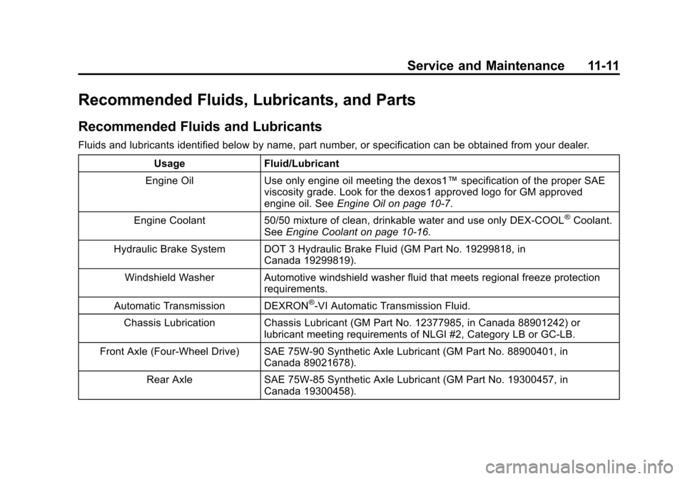 CHEVROLET TAHOE 2015 4.G Owners Manual Black plate (11,1)Chevrolet 2015i Tahoe/Suburban Owner Manual (GMNA-Localizing-U.S./
Canada/Mexico-8431502) - 2015 - crc - 1/12/15
Service and Maintenance 11-11
Recommended Fluids, Lubricants, and Par CHEVROLET TAHOE 2015 4.G Owners Manual Black plate (11,1)Chevrolet 2015i Tahoe/Suburban Owner Manual (GMNA-Localizing-U.S./
Canada/Mexico-8431502) - 2015 - crc - 1/12/15
Service and Maintenance 11-11
Recommended Fluids, Lubricants, and Par