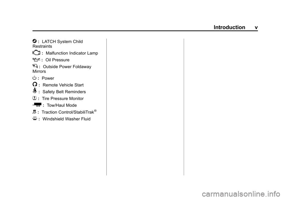 CHEVROLET TAHOE 2015 4.G Owners Manual Black plate (5,1)Chevrolet 2015i Tahoe/Suburban Owner Manual (GMNA-Localizing-U.S./
Canada/Mexico-8431502) - 2015 - crc - 1/12/15
Introduction v
j:LATCH System Child
Restraints
*: Malfunction Indicato