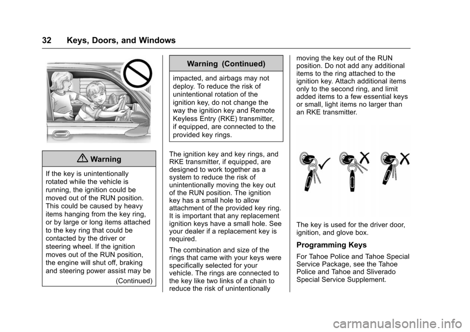 CHEVROLET TAHOE 2016 4.G Owners Guide Chevrolet Tahoe/Suburban Owner Manual (GMNA-Localizing-U.S./Canada/
Mexico-9159366) - 2016 - crc - 5/19/15
32 Keys, Doors, and Windows
{Warning
If the key is unintentionally
rotated while the vehicle 