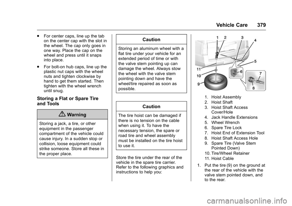 CHEVROLET TAHOE 2016 4.G Owners Manual Chevrolet Tahoe/Suburban Owner Manual (GMNA-Localizing-U.S./Canada/
Mexico-9159366) - 2016 - crc - 5/19/15
Vehicle Care 379
.For center caps, line up the tab
on the center cap with the slot in
the whe