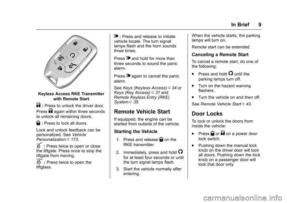 CHEVROLET TAHOE 2016 4.G Owners Manual Chevrolet Tahoe/Suburban Owner Manual (GMNA-Localizing-U.S./Canada/
Mexico-9159366) - 2016 - crc - 5/19/15
In Brief 9
Keyless Access RKE Transmitterwith Remote Start
K:Press to unlock the driver door.