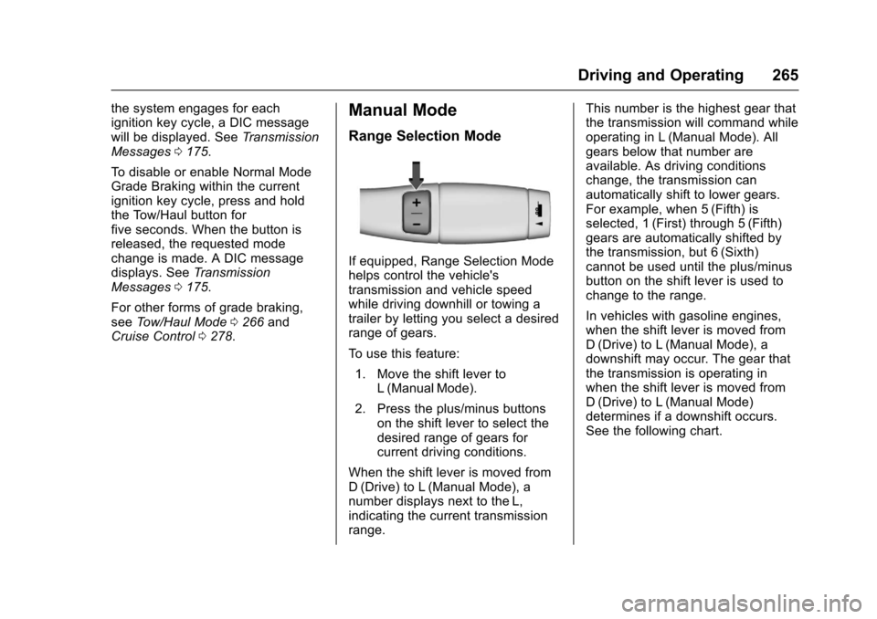 CHEVROLET TAHOE 2017 4.G Owners Manual Chevrolet Tahoe/Suburban Owner Manual (GMNA-Localizing-U.S./Canada/
Mexico-9955986) - 2017 - crc - 7/5/16
Driving and Operating 265
the system engages for each
ignition key cycle, a DIC message
will b CHEVROLET TAHOE 2017 4.G Owners Manual Chevrolet Tahoe/Suburban Owner Manual (GMNA-Localizing-U.S./Canada/
Mexico-9955986) - 2017 - crc - 7/5/16
Driving and Operating 265
the system engages for each
ignition key cycle, a DIC message
will b