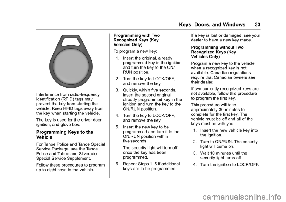 CHEVROLET TAHOE 2017 4.G Owners Guide Chevrolet Tahoe/Suburban Owner Manual (GMNA-Localizing-U.S./Canada/
Mexico-9955986) - 2017 - crc - 7/5/16
Keys, Doors, and Windows 33
Interference from radio-frequency
identification (RFID) tags may
p