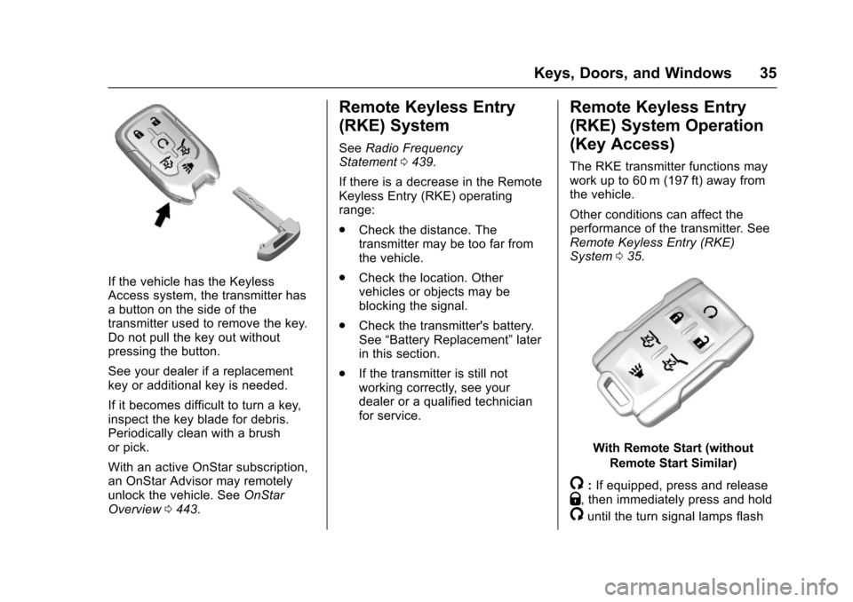 CHEVROLET TAHOE 2017 4.G Owners Guide Chevrolet Tahoe/Suburban Owner Manual (GMNA-Localizing-U.S./Canada/
Mexico-9955986) - 2017 - crc - 7/5/16
Keys, Doors, and Windows 35
If the vehicle has the Keyless
Access system, the transmitter has
