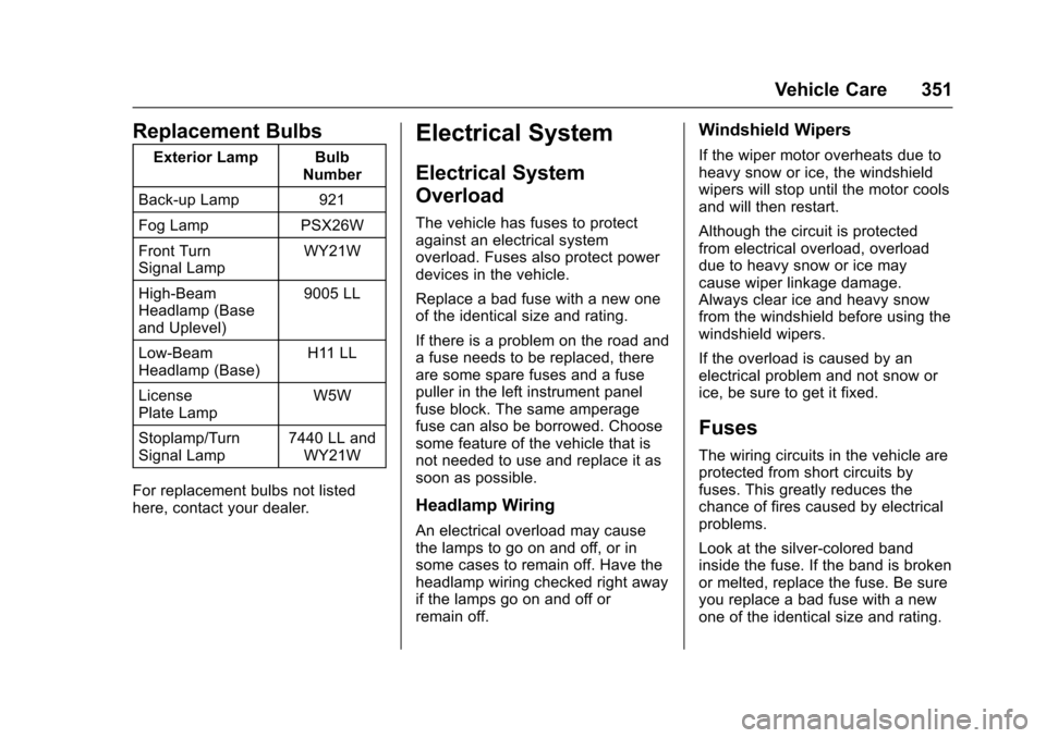 CHEVROLET TAHOE 2017 4.G Owners Manual Chevrolet Tahoe/Suburban Owner Manual (GMNA-Localizing-U.S./Canada/
Mexico-9955986) - 2017 - crc - 7/5/16
Vehicle Care 351
Replacement Bulbs
Exterior Lamp BulbNumber
Back-up Lamp 921
Fog Lamp PSX26W
F