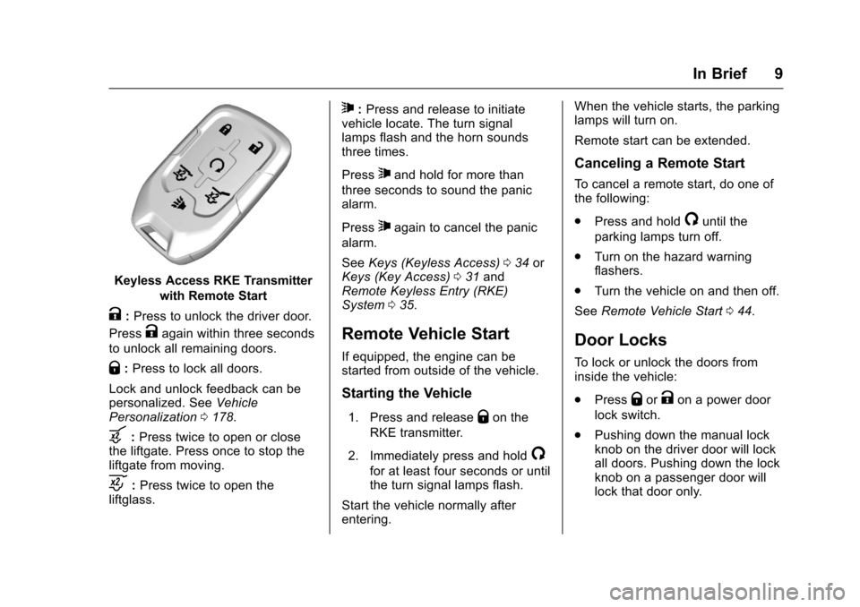 CHEVROLET TAHOE 2017 4.G Owners Manual Chevrolet Tahoe/Suburban Owner Manual (GMNA-Localizing-U.S./Canada/
Mexico-9955986) - 2017 - crc - 7/5/16
In Brief 9
Keyless Access RKE Transmitterwith Remote Start
K:Press to unlock the driver door.

