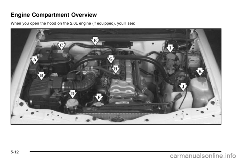 CHEVROLET TRACKER 2003 2.G Owners Manual Engine Compartment Overview
When you open the hood on the 2.0L engine (if equipped), youll see:
5-12 CHEVROLET TRACKER 2003 2.G Owners Manual Engine Compartment Overview
When you open the hood on the 2.0L engine (if equipped), youll see:
5-12