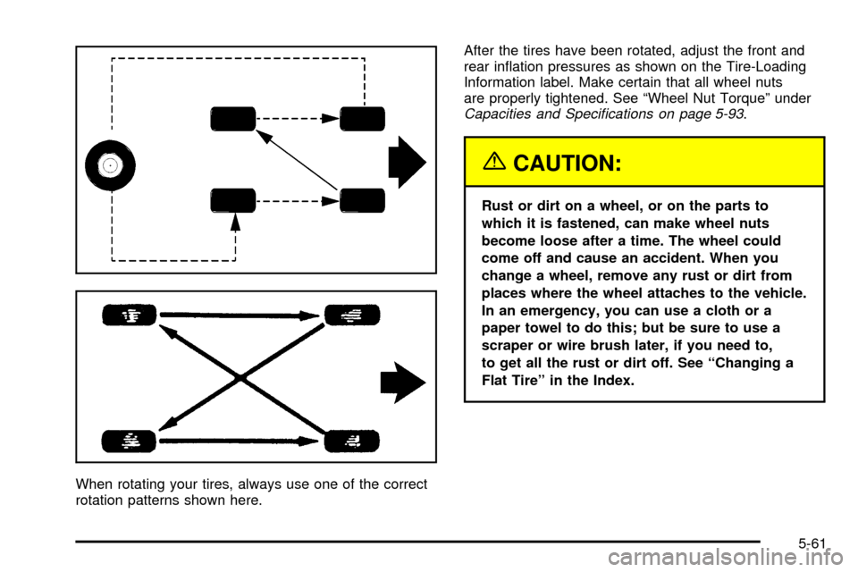 CHEVROLET TRACKER 2003 2.G Owners Manual When rotating your tires, always use one of the correct
rotation patterns shown here.After the tires have been rotated, adjust the front and
rear in¯ation pressures as shown on the Tire-Loading
Infor