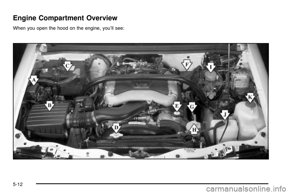 CHEVROLET TRACKER 2004 2.G Owners Manual Engine Compartment Overview
When you open the hood on the engine, youll see:
5-12 CHEVROLET TRACKER 2004 2.G Owners Manual Engine Compartment Overview
When you open the hood on the engine, youll see:
5-12