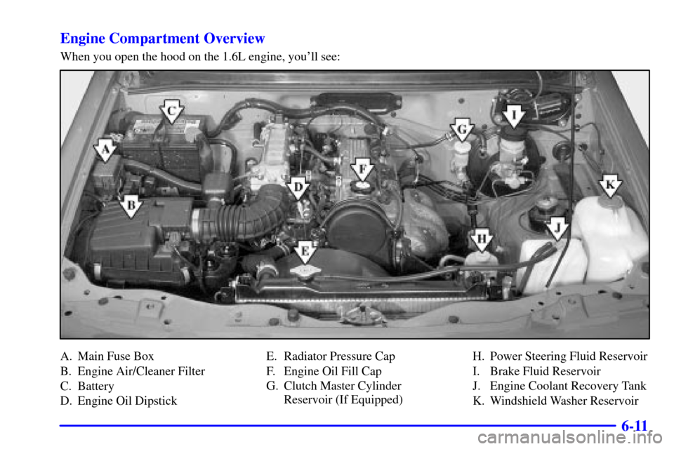 CHEVROLET TRACKER 2001 2.G Owners Manual 6-11 Engine Compartment Overview
When you open the hood on the 1.6L engine, youll see:
A. Main Fuse Box
B. Engine Air/Cleaner Filter
C. Battery
D. Engine Oil DipstickE. Radiator Pressure Cap
F. Engin